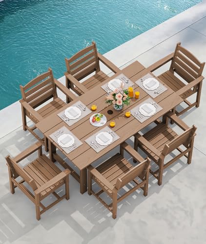 SERWALL Outdoor HDPE Dining Table Set, 7-Piece Outdoor Dining Table Sets with Umbrella Hole Cut-Out Table and 6 Chairs, Gray