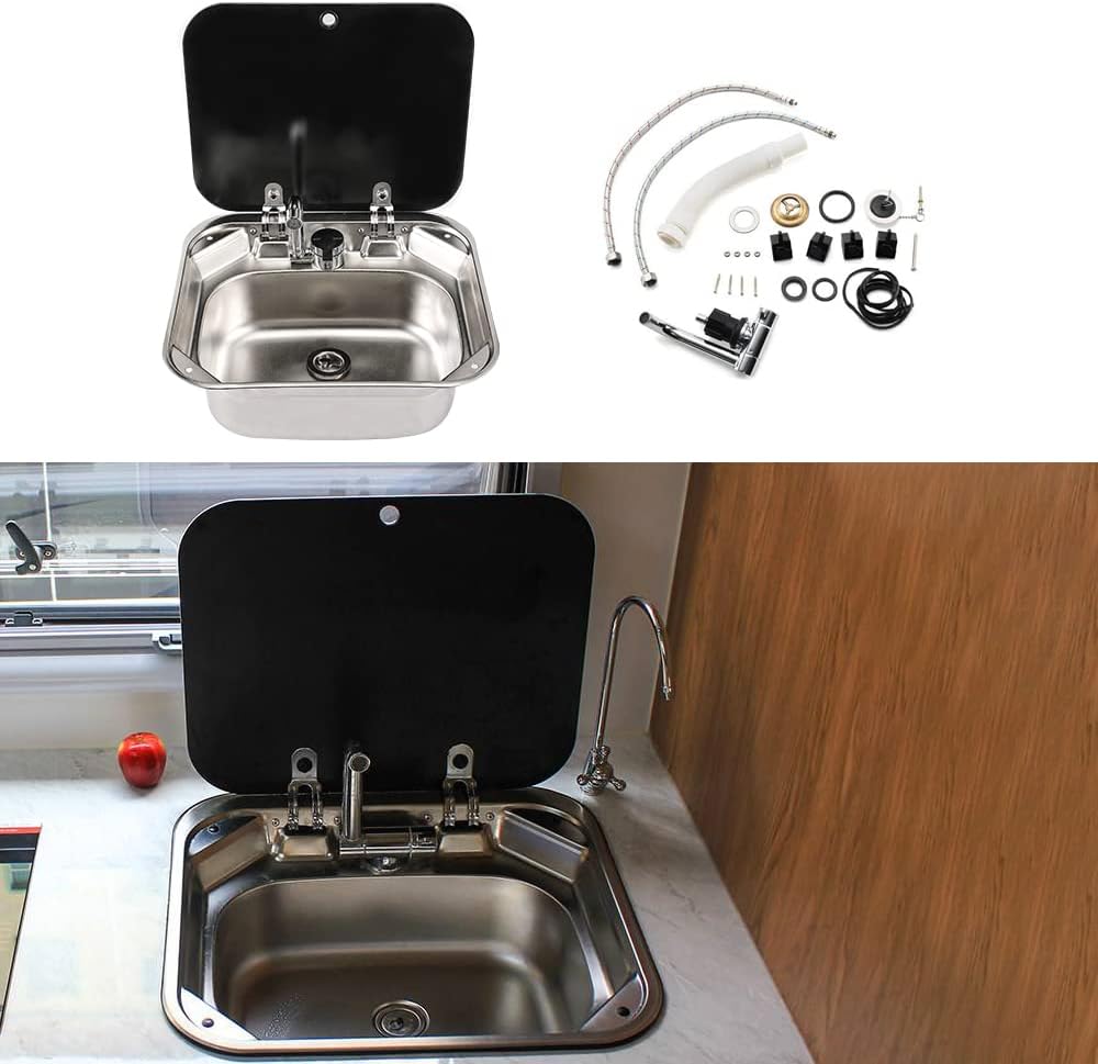 RV Caravan or Boat Stainless Steel Hand Wash Basin Sink with Folded Faucet Tempered Glass Lid van Camper Trailer Accessories (Sink with tapB)