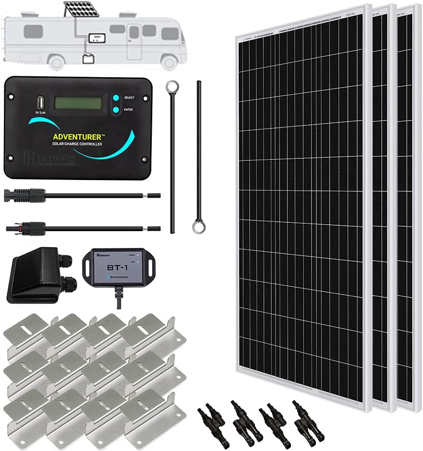 Renogy 300 Watts 12 Volts Monocrystalline Solar RV Kit with 30A PWM LCD Charge Controller/Solar Panel Connectors/Tray Cable/Corner Bracket