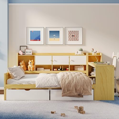 Corner Twin Bed Frame with Bookcase Storage and Desk, Wood Day Beds with 2 Drawers, Twin Size Daybed with Storage for Living Room