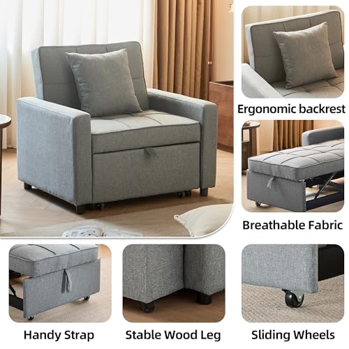 Sofa Bed Chair Convertible ，Sleeper Sofa with Pull-Out Bed ，3-in-1 Futon Couch with Reclining Backrest and Side Pocket (Blue, 35.6‘)
