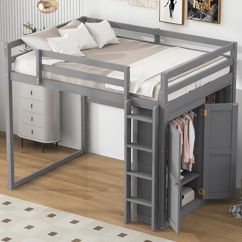 Harper & Bright Designs Full Size Loft Bed with Desk, Storage Shelves and Drawers, Solid Wood Loft Bed Frame with Built-in Wardrobe, Walnut