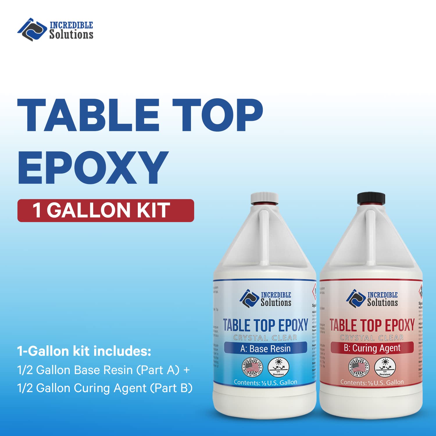 Incredible Solutions Crystal Clear Cast Tabletop Epoxy, UV Resistant High Gloss Finishing, Bar Countertop Resin Coating, Easy-to-Use 1:1 Mixing Ratio