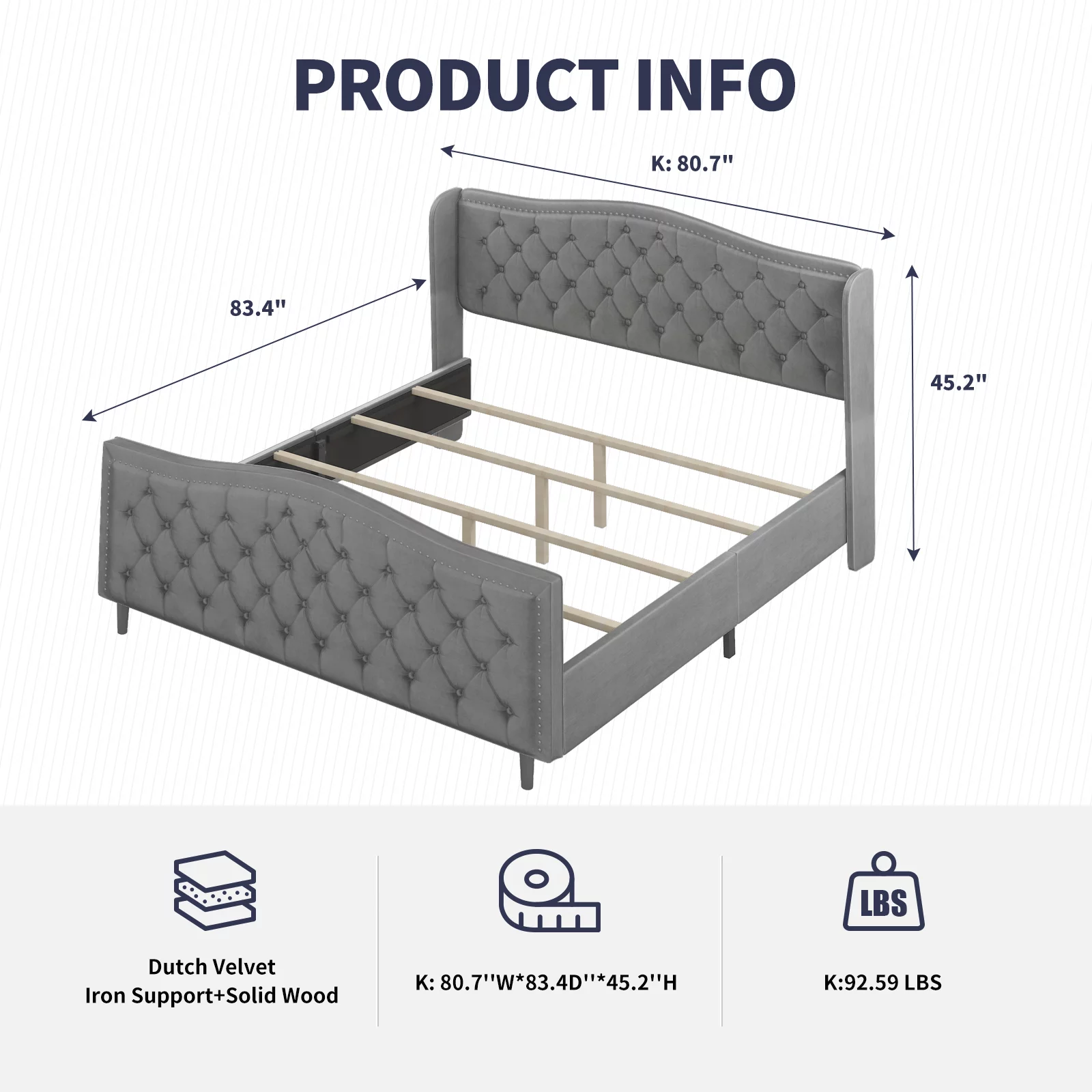 ZAFLY King Size Bed Frame with Headboard | Button Tufted Dutch Velvet Bedroom Furniture | High Upholstered Platform Bed Frame, King Size, Silver Grey
