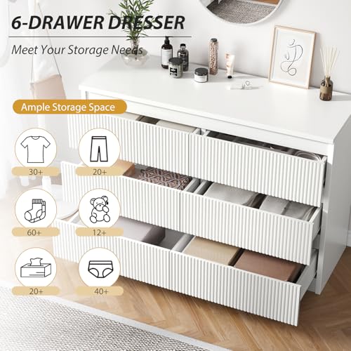 White 6 Drawer Dresser for Bedroom, Modern Fluted Dresser with Deep Drawers, Large Double Wooden Chest of Drawers for Living Room, Hallway