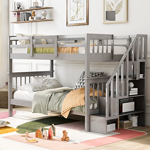Ball & Cast Full Over Full Bunk Bed with Twin Size Trundle and Built in 4 Drawer,Wood Bunkbed w/Storage Ladder & Slat Support