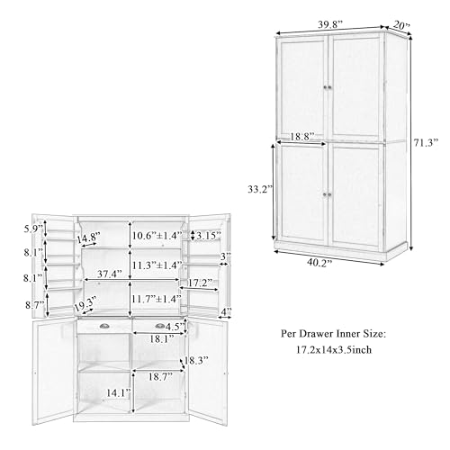 Farmhouse 77inch Kitchen Pantry, Freestanding Tall Cupboard Storage Cabinet with 3 Adjustable Shelves,8 Door Shelves and 3 Drawers