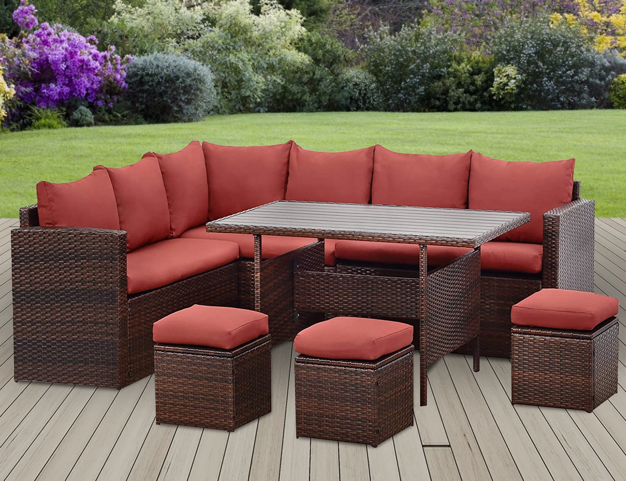 CozyHom 7 Pcs Outdoor Patio Wicker Dining Furniture Sofa Sets, Rattan Conversation Sectional Couch Set with Table and Ottomans, Red