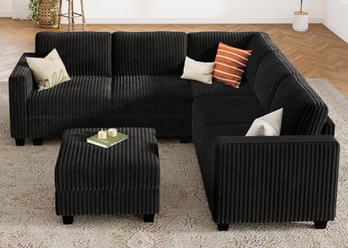 HONBAY Corduroy Modular Sectional Couch with Storage L-Shaped Sectional Couches for Living Room 6 Seater Modular Sofa, Dark Gray
