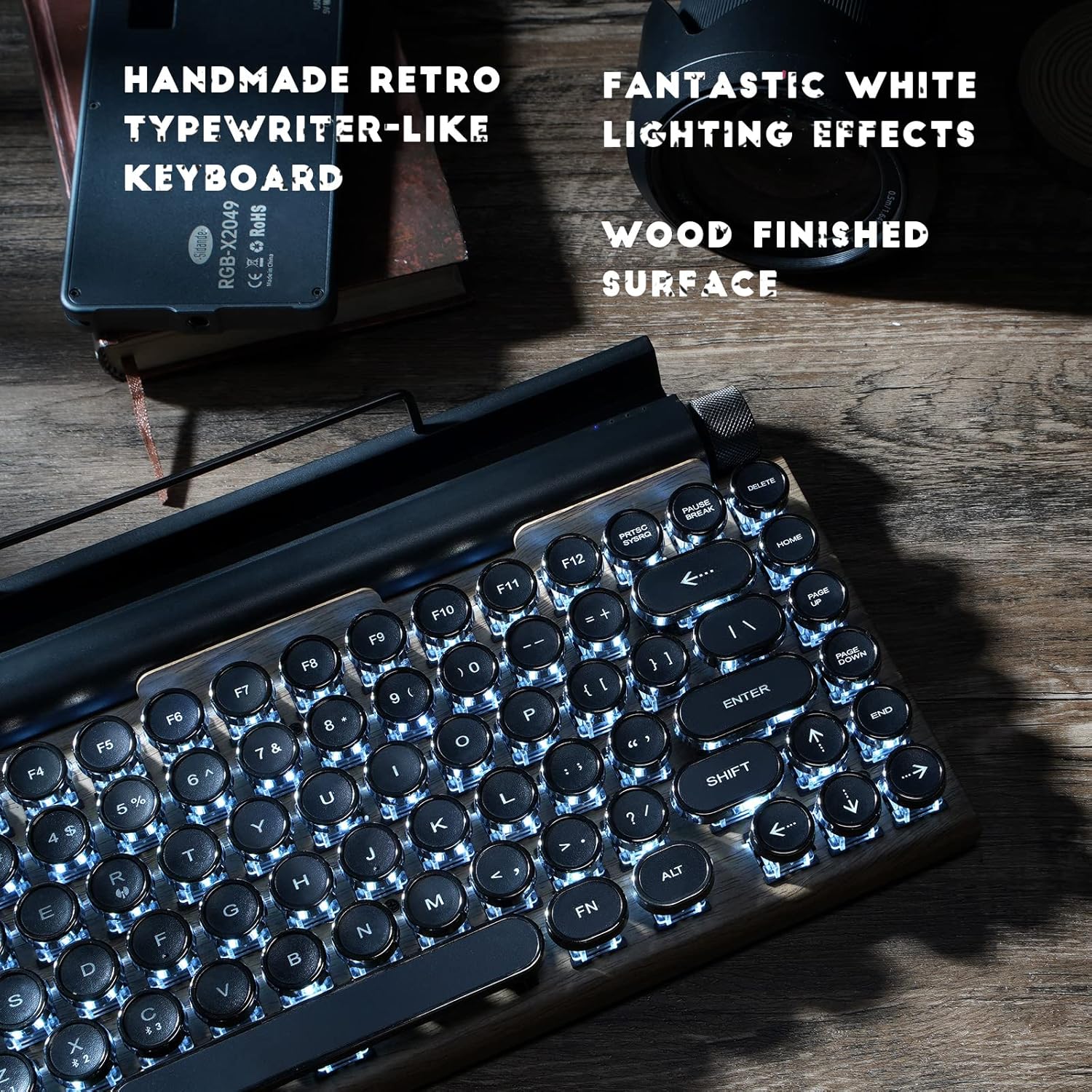 Retro Typewriter Keyboard with White Lighting, Multi-Device Bluetooth Wireless & Wired Aesthetic Mechanical Keyboard for Computer/Laptop/Tablets
