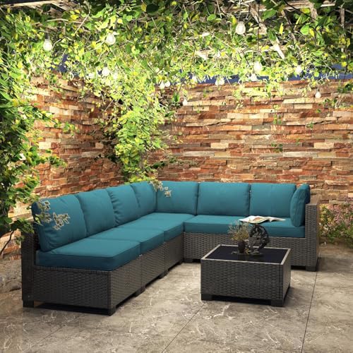 6 Piece Outdoor Patio Furniture Set with Coffee Table, Rattan Deck Conversation Sofa Set