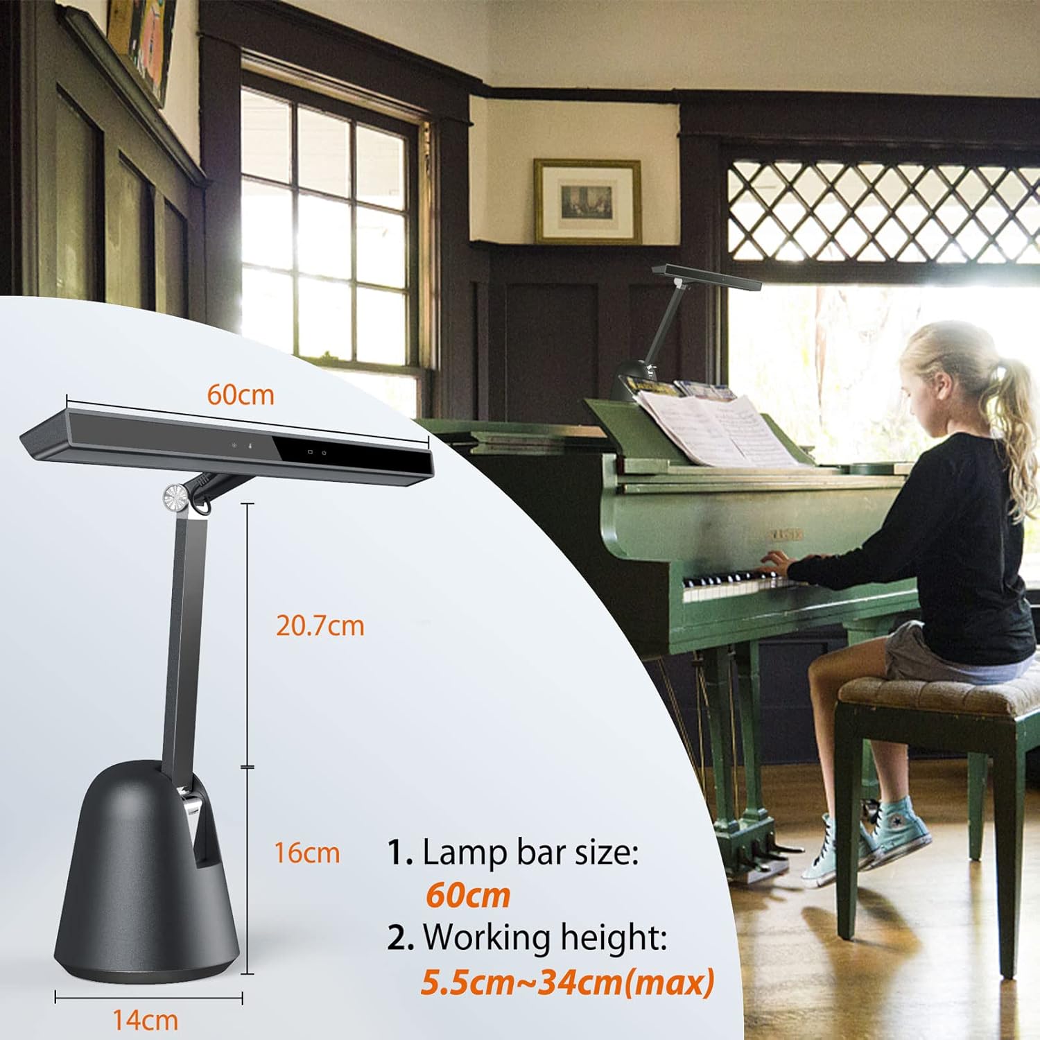 Quntis 55'' Ultra Wide Illumination Piano Light, 12W LED Professional Eye Caring Piano Lamp with Auto-Dimming, Dimmable Modern Reading Desk Lamp