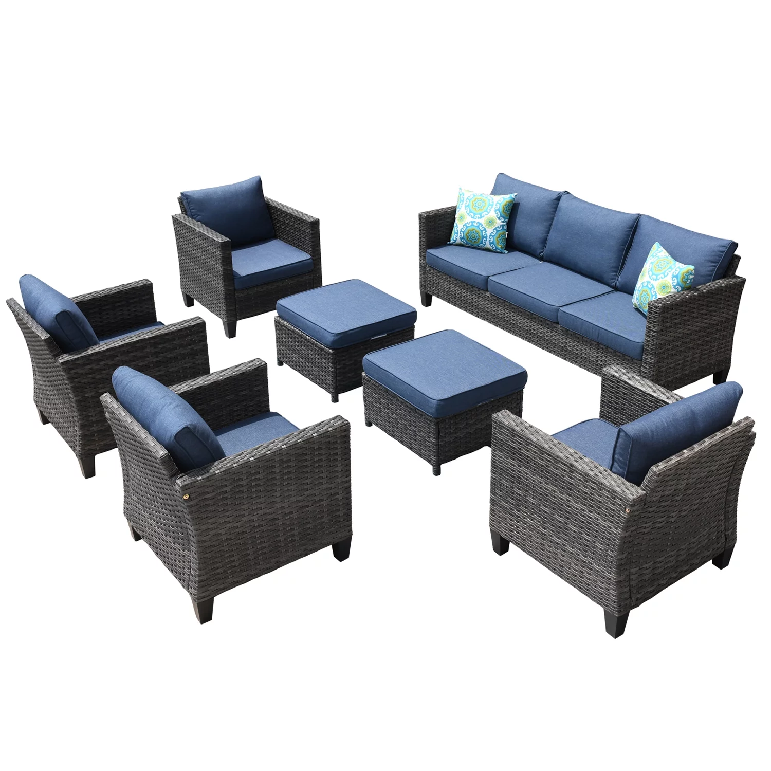 Ovios 7 Pieces Modern Outdoor Patio Furniture All Weather Wicker Conversation Set with Sectional Couch and Ottoman for Backyard - Radiant Selections