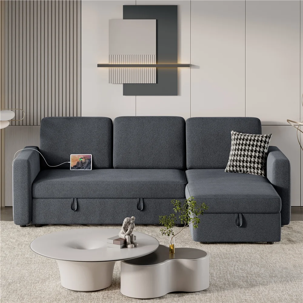 Alden Design Reversible Sectional Sleeper Sofa with USB & Type-C Ports, Light Gray