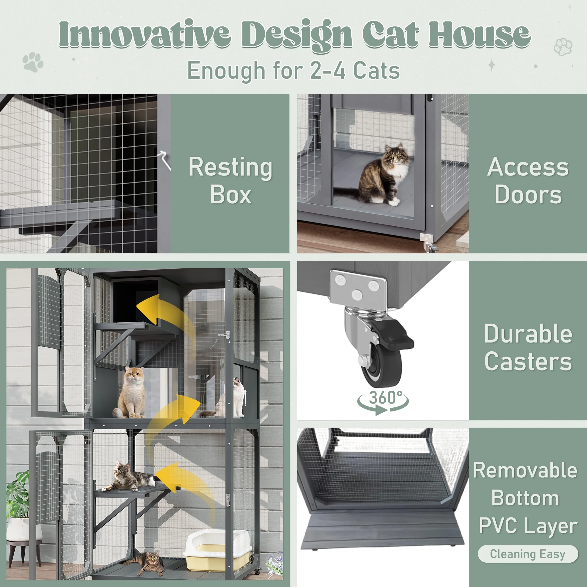 Montary Catio Outdoor Cat Enclosure with Window Access, 4-Tier Cat House with Wheels, Waterproof Roof &amp; Resting Box, Large Gray Cage