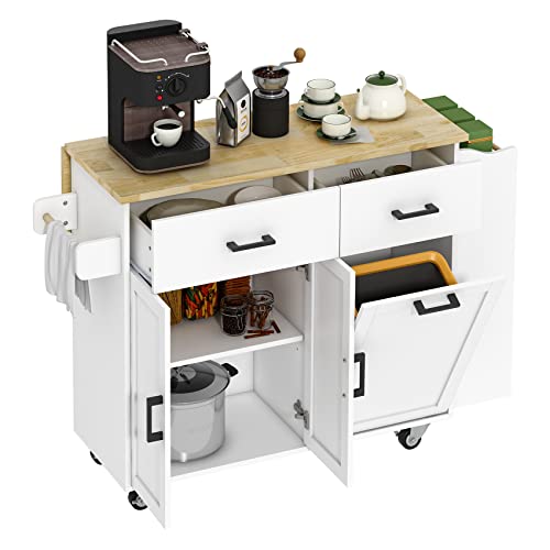 Rolling Kitchen Island with Trash Storage Cabinet, 2 Drawers, Kitchen Island with Drop Leaf, Kitchen Storage Islands Carts W/ 3 Spice Rack