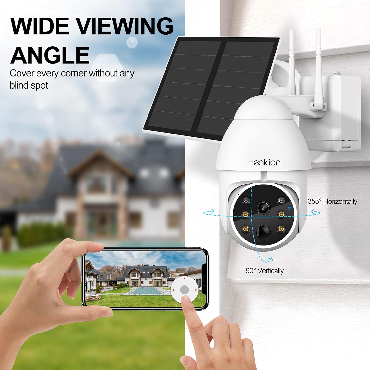 Solar Powered Wireless Security Camera, Henkion WiFi Outdoor Camera 1080P Pan Tilt Rechargeable Battery Camera Waterproof Home Surveillance