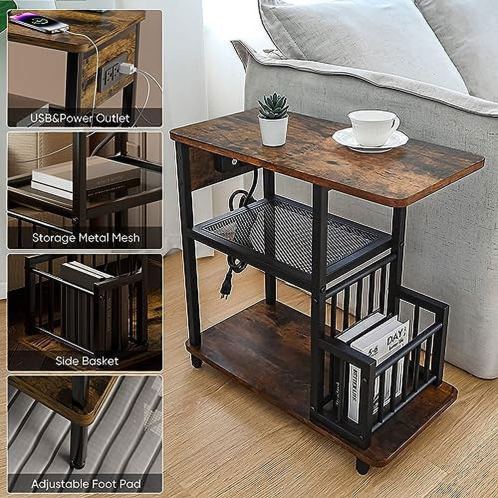 Side Tables Set of 2 with with USB Ports and Outlets End Tables with Charging Station  Narrow Nightstand with  Shelf for Living Room Bedroom Small