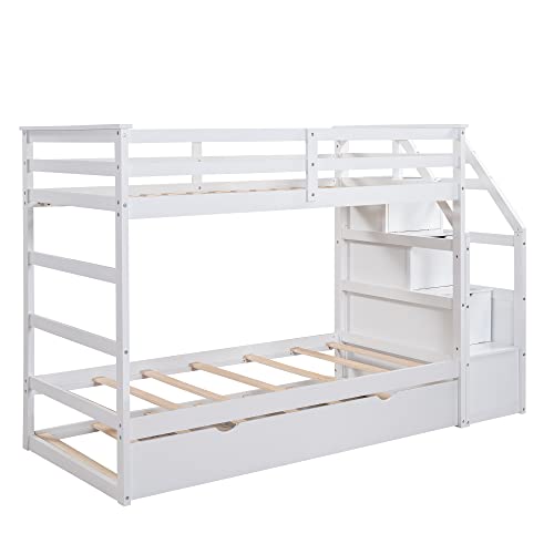 Harper & Bright Designs Twin Over Twin Bunk Bed with Trundle, Wood Bunk Bed with Storage Stairs for Kids Teens Adults (Walnut)