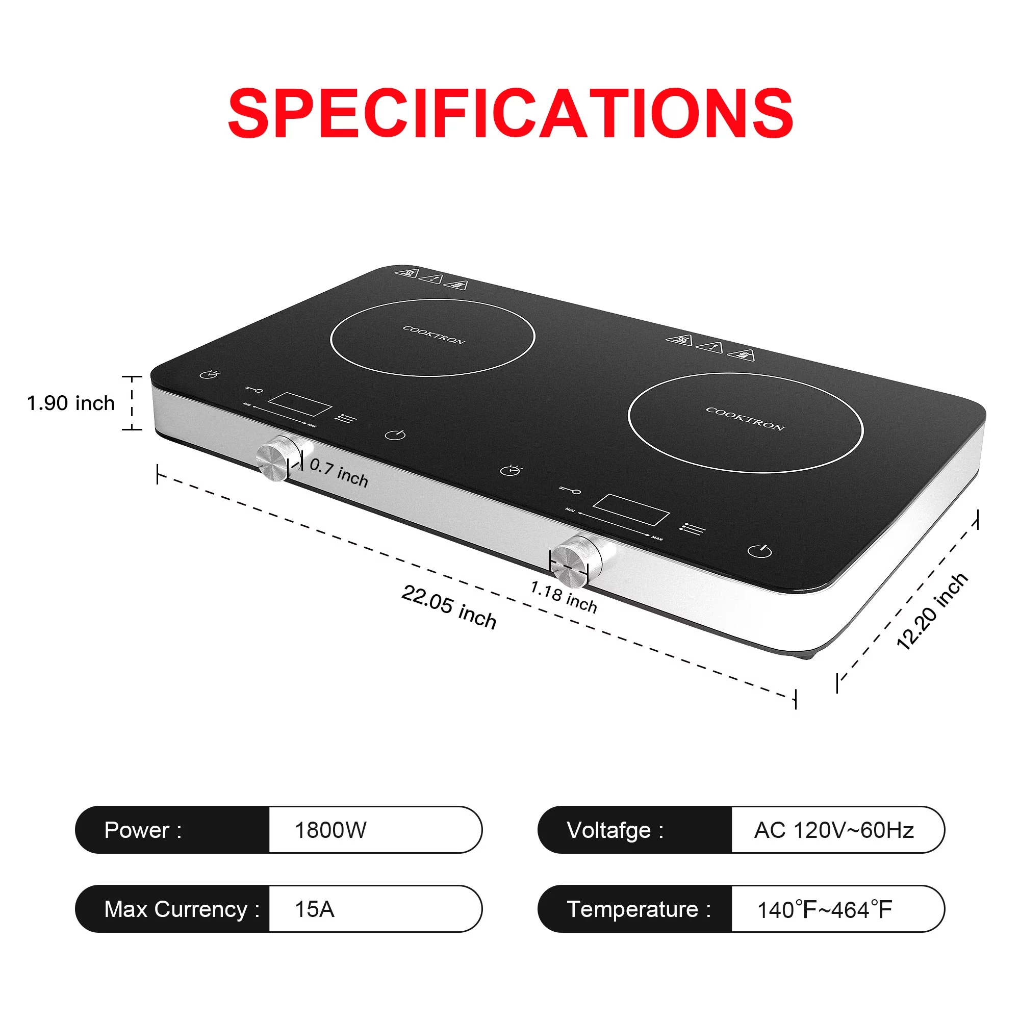 COOKTRON 1800W 120V Double Burner Electric Induction Cooktop w/Knobs