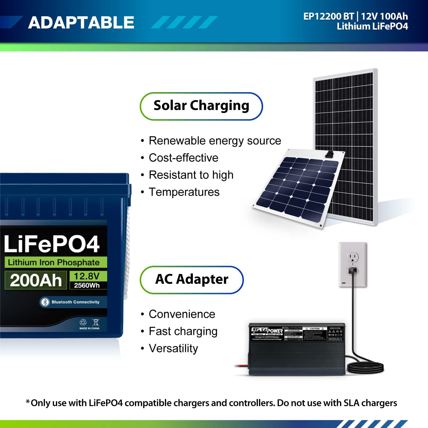 ExpertPower 12V 200Ah Lithium LiFePO4 Deep Cycle Rechargeable Battery | Bluetooth | 2500-7000 Life Cycles & 10-Year Lifetime | Built-in BMS | RV