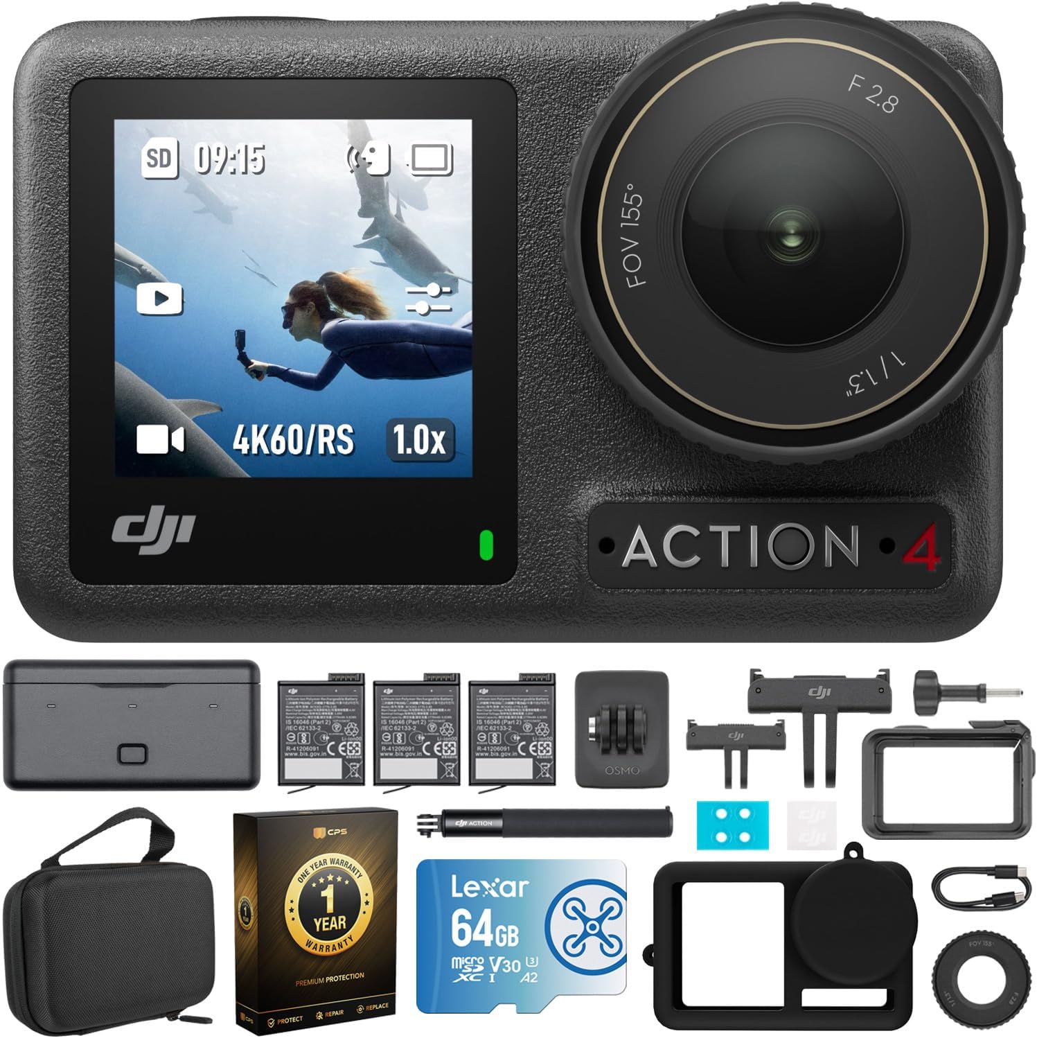 DJI Osmo Action 4 Adventure Combo - 4K Waterproof Action Camera with Battery Case Bundle with Lexar 64GB Memory Card, Protective Case