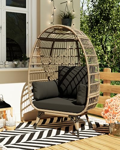 Oversized Wicker Egg Chair Outdoor, Patio Lounge Chair with Ultra Luxury Cushions & Steel Frame, 350LBs Capacity Egg Chair Indoor Outdoor for Balcony