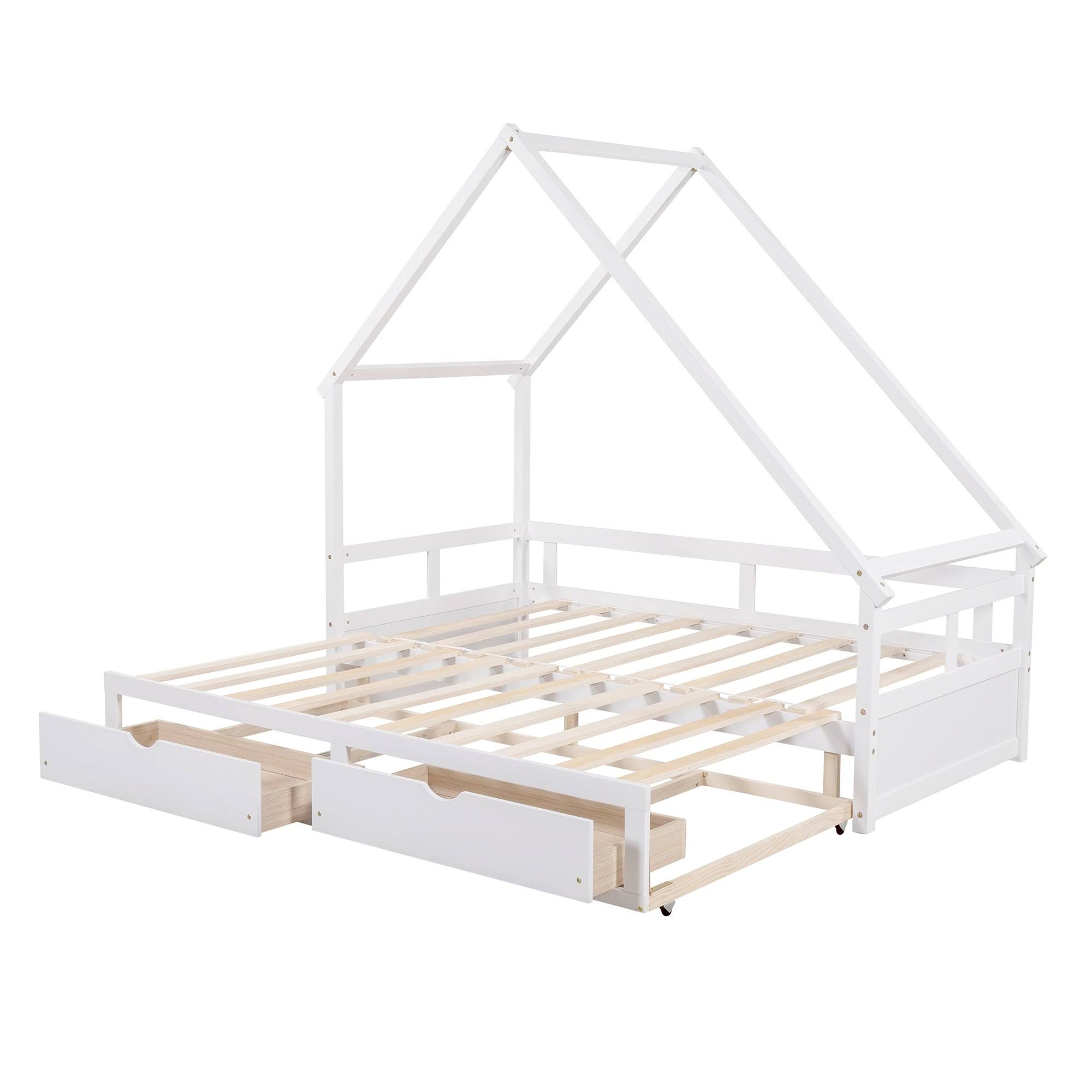 Twin-King Wooden House Extending Daybed with Two Drawers, Pine, White - Espresso
