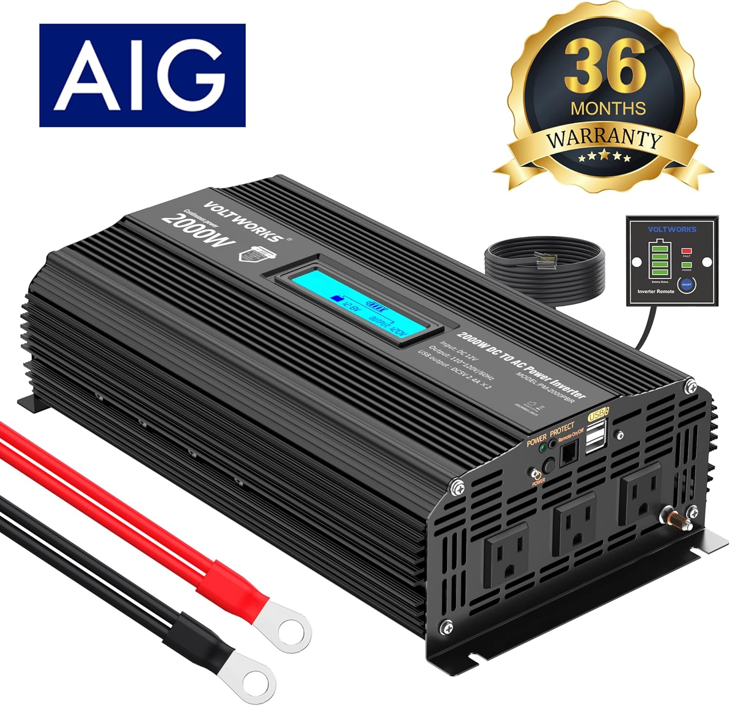 Power Inverter 1100 watt DC 12V to AC 120V Modified Sine Wave 1000w Inverter with LCD Display Remote Control 2AC Outlets Dual 2.4A USB Ports for Car