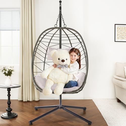 Hanging Egg Chair with Stand, Outdoor Indoor Egg Swing Chair with Cushion Headrest, Wicker Rattan Egg Chair with Dual Chains
