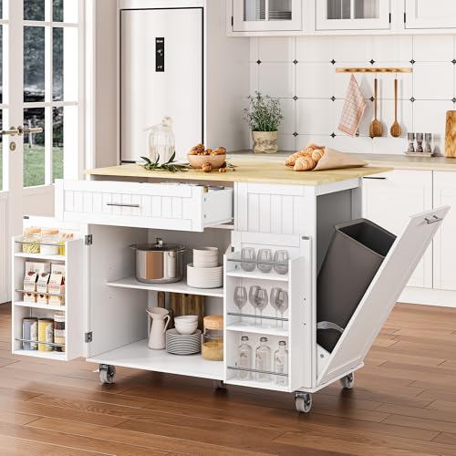 Kitchen Island with Storage, 31.5" D Rolling Kitchen Island Cart on Wheels with Widen Drop Leaf Rubberwood Top