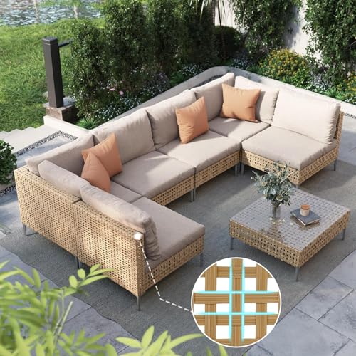 Grand patio 7-Piece Wicker Patio Furniture Set, Boho Outdoor Conversation Set Sectional Sofa with Water Resistant Thick Cushions and Coffee Table