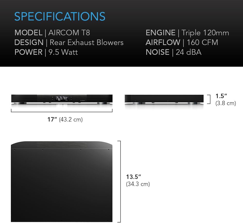 AC Infinity AIRCOM T8, Quiet Cooling Blower Fan System 17 Rear-Exhaust for Receivers, Amps, DVR, AV Cabinet Components