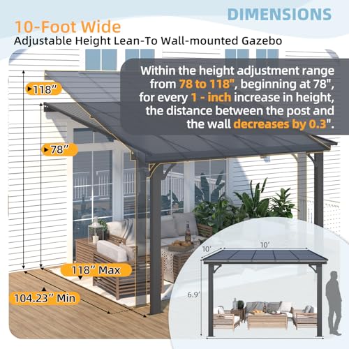 AECOJOY 10&rsquo; x 10&rsquo; Gazebo, Wall Mounted Gazebos Pergola on Clearance, Outdoor Patio Lean to Gazebo Awnings for Deck, Porch