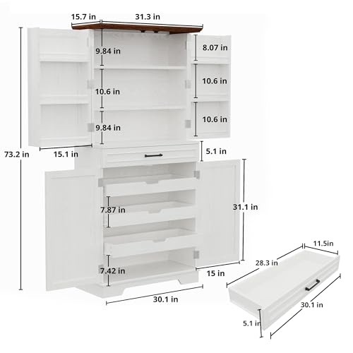 IRONCK Farmhouse Kitchen Pantry Cabinet, 72" Height Tall Freestanding Cupboard with Sliding Storage Rack and 6 Hanging Shelves for Kitchen