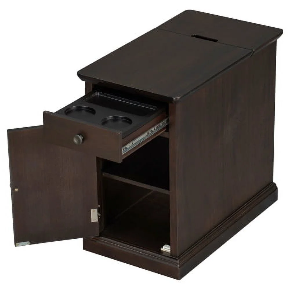 Churanty Vintage End Table with USB Ports Drawer and Cup Holders, Sofa Side Table Bedside Nightstand Narrow Table for Living Room Bedroom