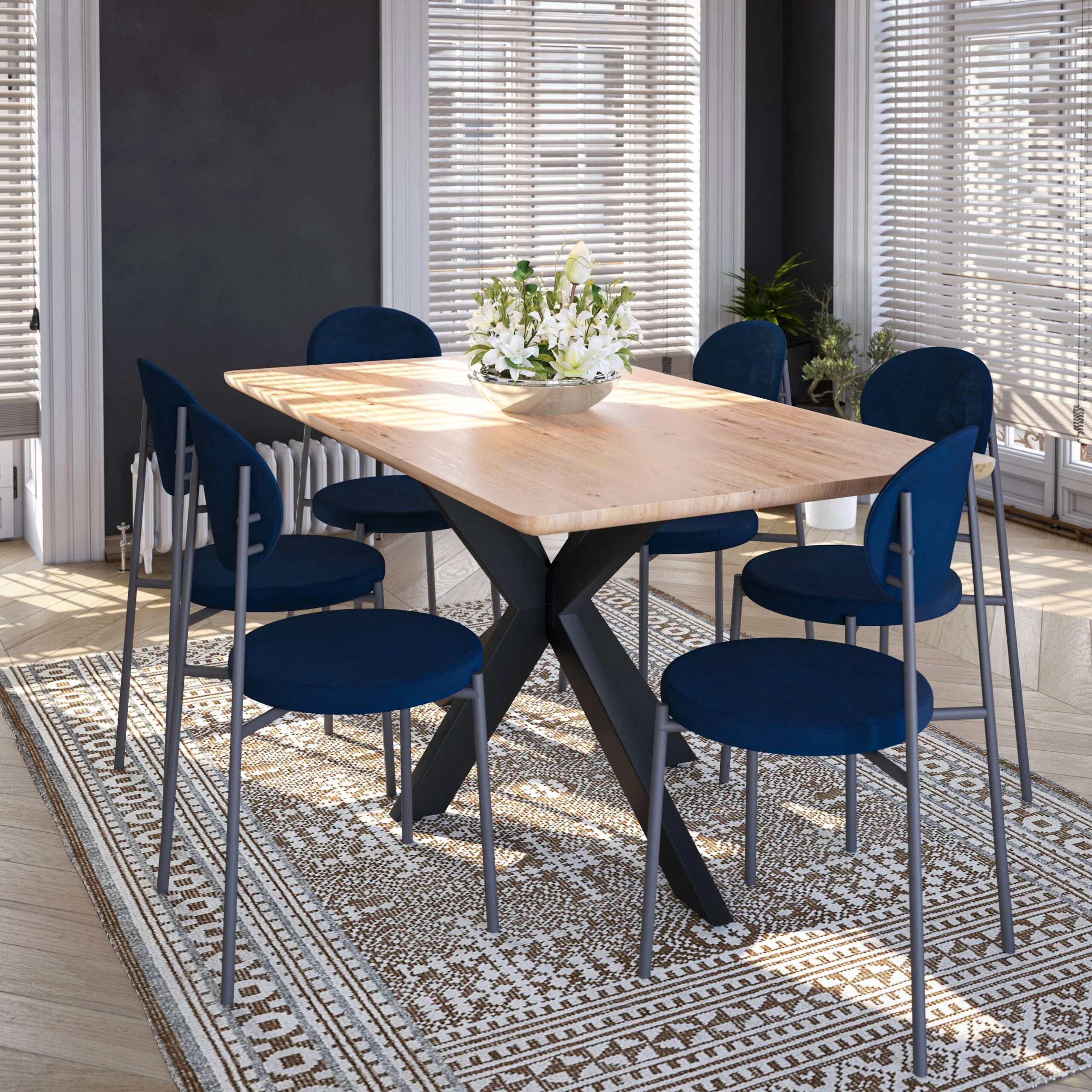 LeisureMod Euston Modern Velvet Dining Kitchen Side Chair with Powder Coated Grey Steel Frame, Set of 4 (Navy Blue)