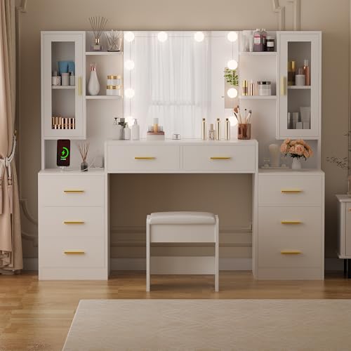 ANWBROAD 59.1" Large Vanity Desk Table with Mirror & Lights White Makeup Vanity with Power Outlet and 8 Drawers 3 Lighting Modes Adjustable Vanity