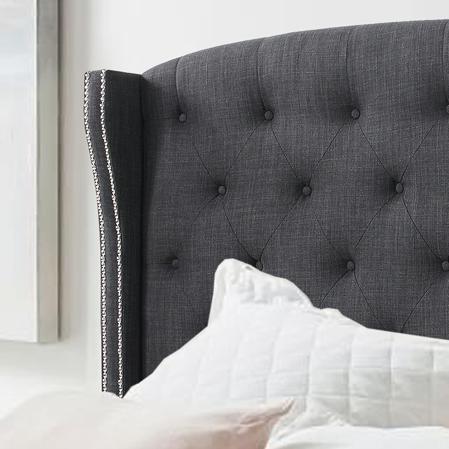 Rosevera Louis Linen Upholstered Wingback Headboard with Double Nailhead Trimming and Button Tufting for Bedroom, Full, Charcoal