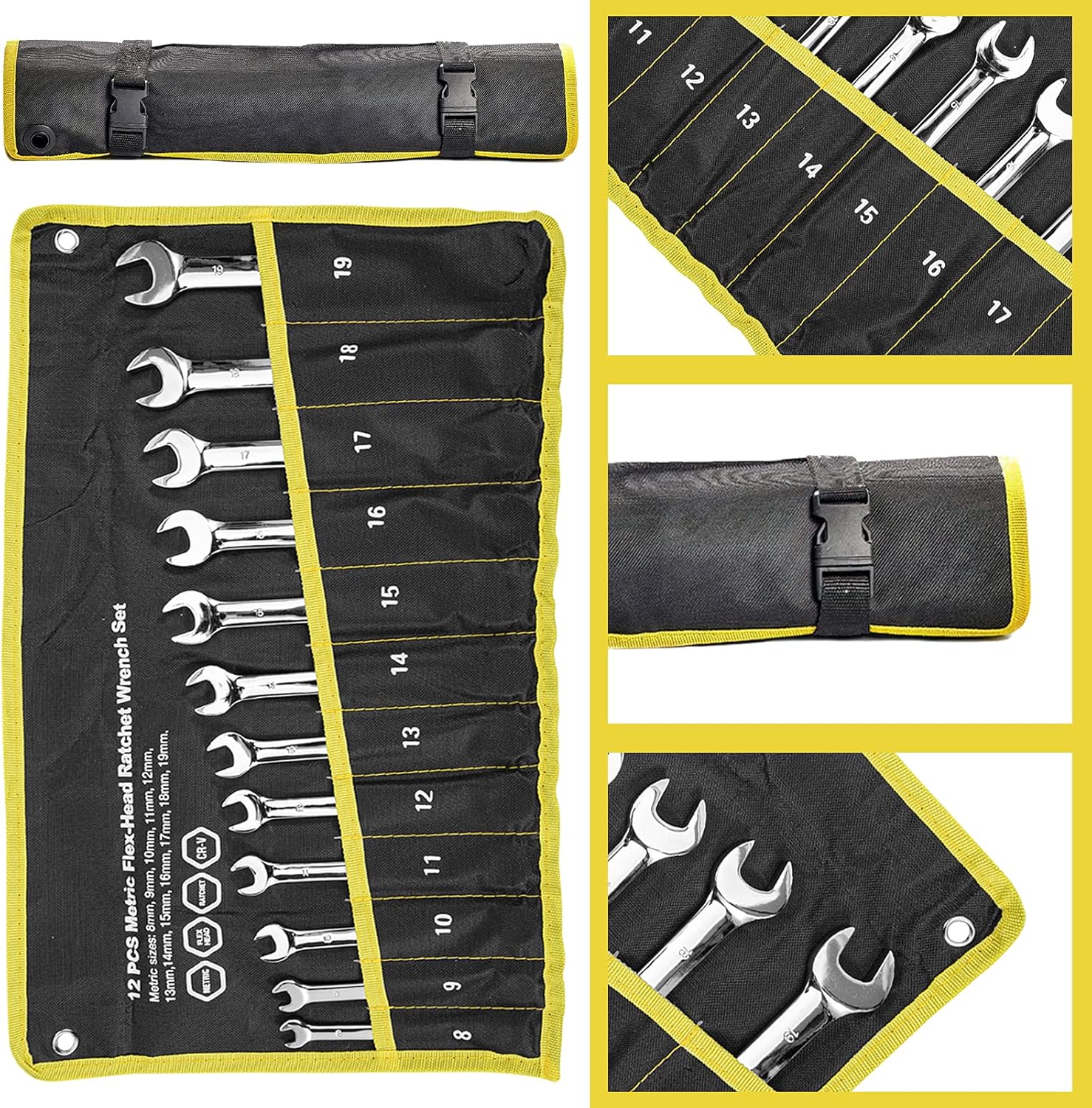 Towallmark 12-Piece Reversible Ratchet Combination Wrench Set, Metric,8mm-19mm Chrome Vanadium Steel Ratchet Wrenches