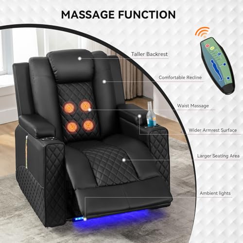 COMHOMA Power Recliner Chair PU Leather Electric Massage Recliner Sofa for Living Room Home Theater Seating with Cup Holders and LED Lighting(Black)