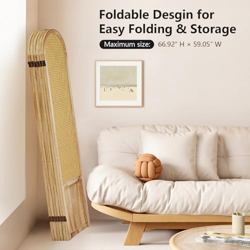 Room Divider 4 Panel, Folding Privacy Screen, Foldable Wood Divider Room Dec, Rattan Room Divider, Portable Partition Screen