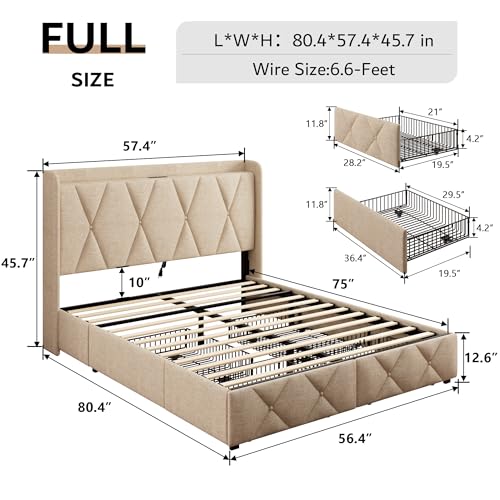 iPormis Queen Bed Frame with 4 Storage Drawers, Upholstered Platform Bed Frame with Charging Station, Modern Wingback Storage Headboard