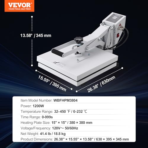 VEVOR Heat Press, Heat Press Machine for T-Shirt, Fast Heating, High Pressure Heat Press 15x15