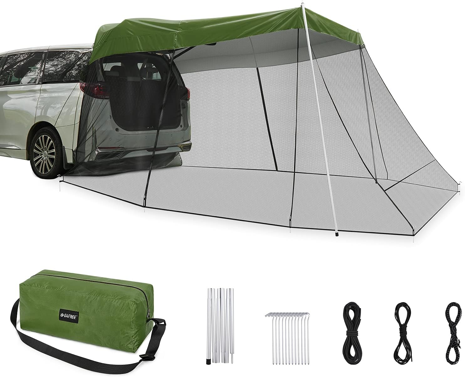G4Free Car Awning Sun Shelter with Mosquito Net, Portable SUV Tent Tailgate Shade Car Canopy for Outdoor Camping Car Travel (Army Green)