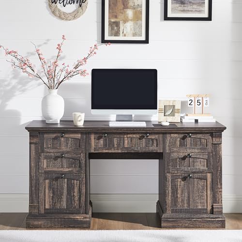 OKD 60" Executive Desk with Drawers, Farmhouse Home Office Desk with Charging Station, Keyboard Tray, File Cabinet Storage