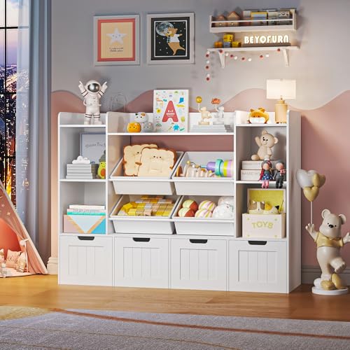 Toy Storage Organizer, Toy Organizer Kids Bookshelf with 4 Movable Drawers and 4 Box Bins, Playroom Organization and Storage for Kids Room