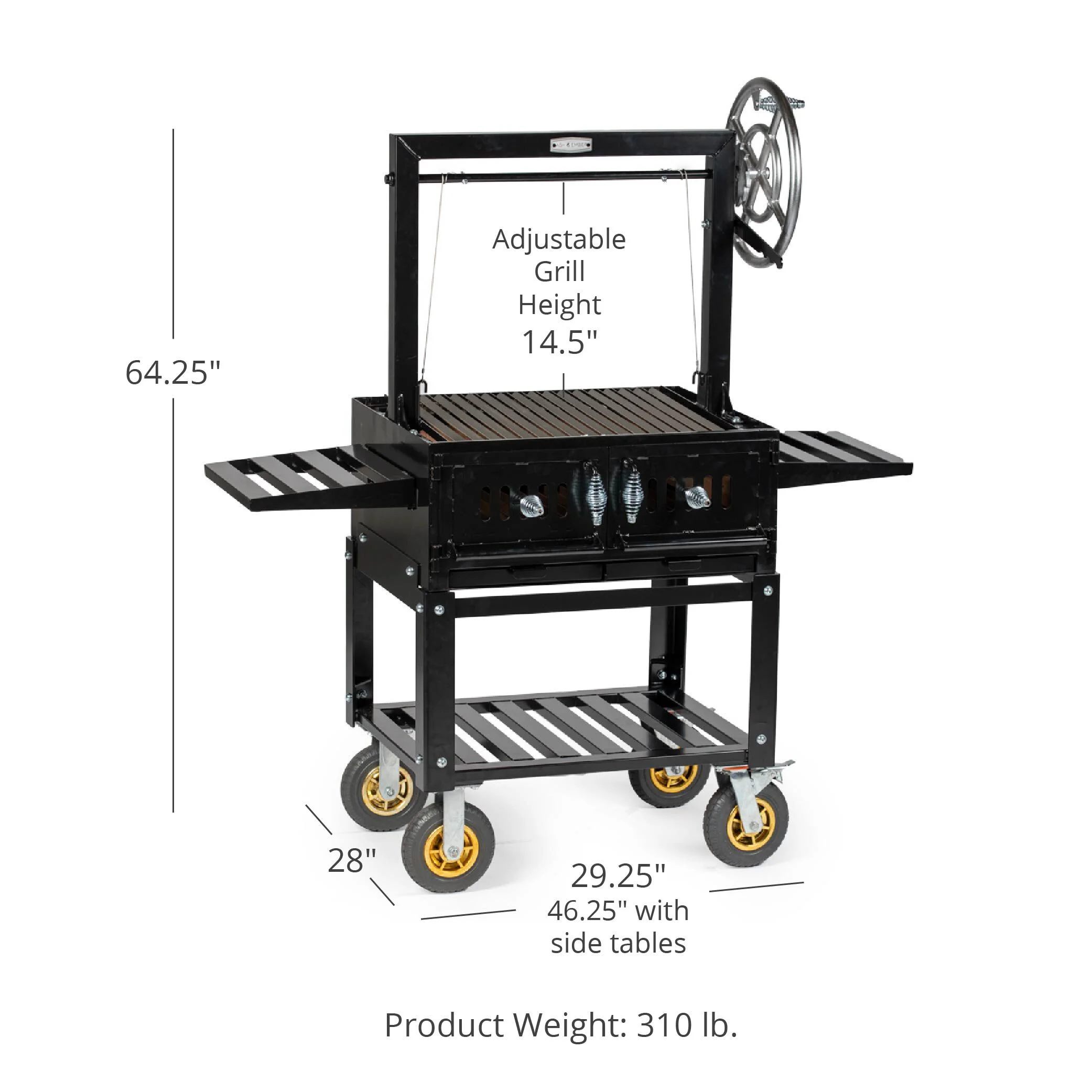 Ash & Ember Santa Maria Grill, Steel Wood & Charcoal Argentine Grill, Flywheel for Adjustable Grate Height, BBQ Grill with Ceramic Brick Lining
