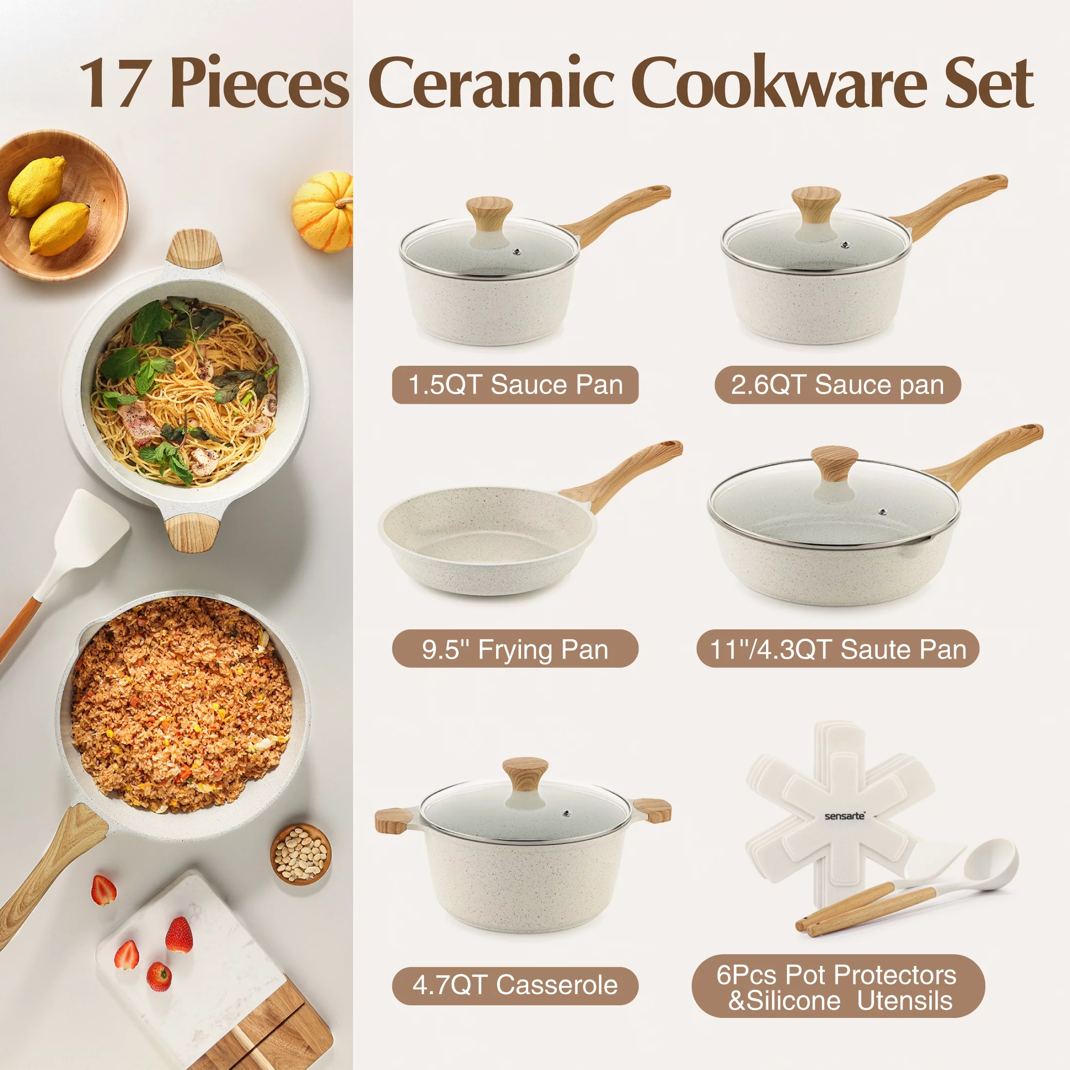 Sensarte Ceramic Nonstick Pots and Pans Set, 17 Pieces Healthy Non Stick Cookware Set with Pots Protectors, Induction Kitchen Cookware Sets White