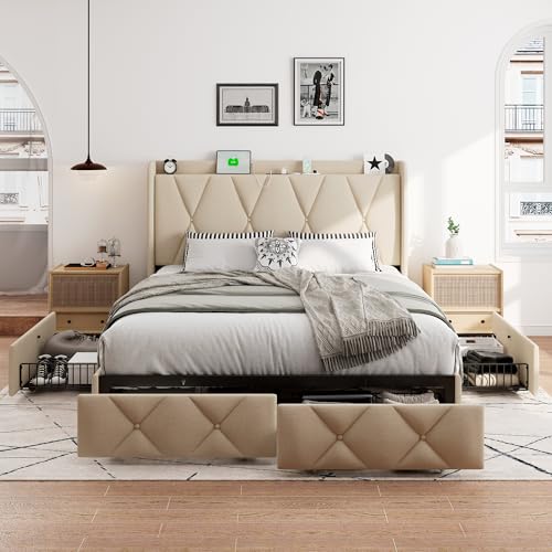 iPormis Queen Bed Frame with 4 Storage Drawers, Upholstered Platform Bed Frame with Charging Station, Modern Wingback Storage Headboard